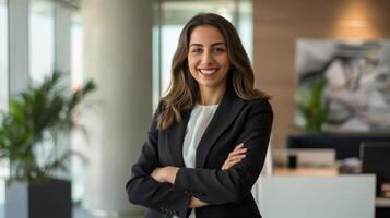 Confident Businesswoman in Modern Office, Professional, Diverse Workforce, Leadership, Corporate Environment, Stock Photography for Professional Use photo