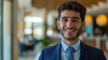Professional Middle Eastern Businessman in Modern Office Setting With a Confident Smile for Corporate Use and Marketing photo