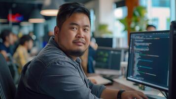 A man sitting at a desk in front of a personal computer monitor photo