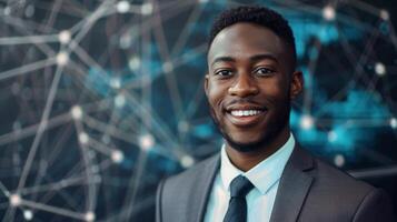 hombre en eléctrico azul traje sonrisas, ajustando su Corbata con un confidente gesto foto