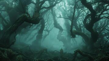 A mysterious forest with fogcovered trees and branches in darkness photo