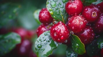 Water droplets on red cherries hanging from a tree branch photo