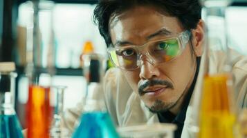 A man in a lab coat and goggles is examining a glass beaker in a laboratory photo