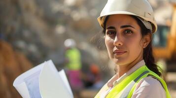 A woman wearing a hard hat and safety vest holds papers at a construction site photo