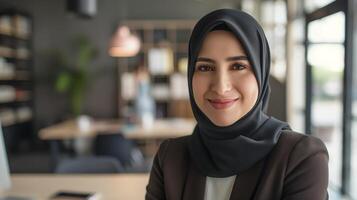 Professional Middle Eastern Businesswoman in Modern Office, Business Leadership and Diversity in Workplace photo