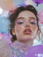 Closeup of womans face with violet balloons, smiling happily photo