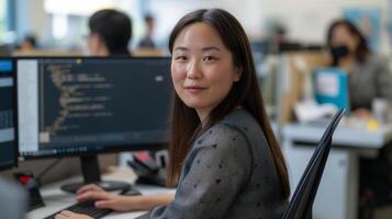 enfocado asiático hembra desarrollador en oficina ajuste foto