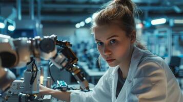 A woman in a lab coat is engineering an electric blue robotic arm photo