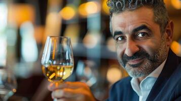 un hombre con un barba es sonriente mientras participación un vino vaso foto