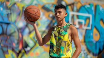 un joven hombre es participación un baloncesto en frente de un pintada pared foto