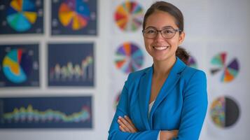 confidente mujer de negocios en azul chaqueta de sport en frente de estadístico gráficos, profesional presentación, diversidad, equipo líder, mercado análisis foto