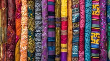 Colorful textiles on shelf, wool and magenta fabrics, creative arts display photo