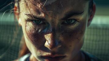 Intense Focus of a Freckled Tennis Player in Action, Sports Competition, Athletic Determination, Close-Up Portrait photo