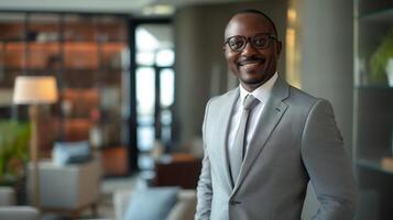 Confident Business Professional Portrait, Modern Office Environment, Smiling African American Man in Suit and Glasses photo