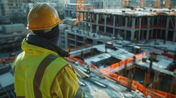 Engineer in hard hat and safety vest observes construction site photo