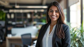 sonriente indio mujer de negocios en moderno oficina foto