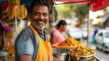 un hombre es felizmente sonriente en frente de un comida estar a el mercado foto