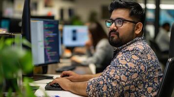 A man with glasses is working at a desk on a computer photo