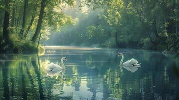 dos cisnes graciosamente planeo en un tranquilo lago entre lozano arboles foto