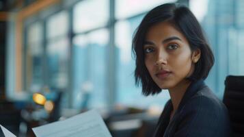 a woman in a suit is sitting at a desk holding a piece of paper photo