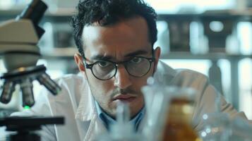 a man in a lab coat is looking through a microscope in a laboratory photo