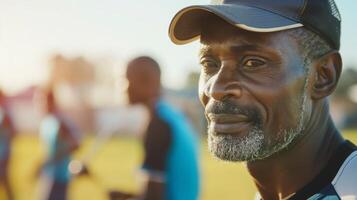 Man with beard and cap standing on soccer field during event photo