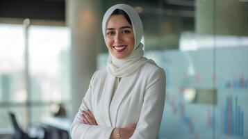 Confident Middle Eastern Businesswoman Smiling in Modern Office, Corporate Professional Portrait photo