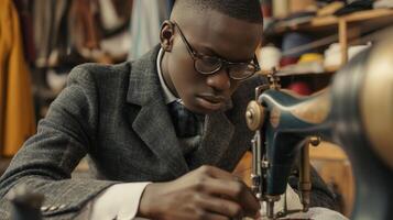 An engineer in glasses is sharing an event by using a sewing machine at home photo