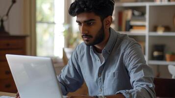 Focused South Asian Young Adult Working on Laptop in a Cozy Home Office photo