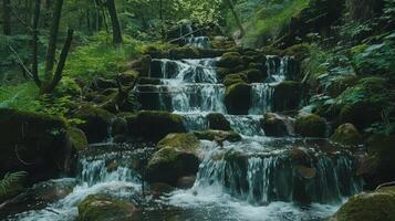 un tranquilo cascada en un lozano bosque, fluido entre rocas y arboles foto