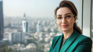 Confident Businesswoman in Green Blazer with City Skyline Background - Ideal for Corporate, Professional, and Business Concepts photo