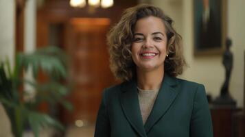 Professional Businesswoman in Green Suit Smiling in Elegant Office Setting for Corporate and Marketing Materials photo