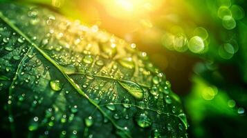 Close up of a dewcovered green leaf on a terrestrial plant in nature photo