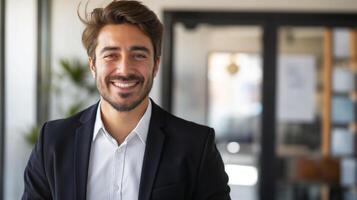 Professional Businessman Smiling, Wearing Suit, Office Background, Corporate Environment, Stock Photo for Diverse Business Concepts