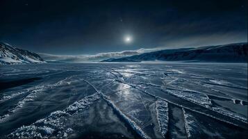 Luna brilla brillantemente en congelado lago debajo noche cielo foto