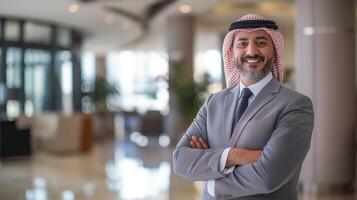 Professional Middle Eastern Businessman Standing Confidently in Modern Office Setting - Corporate, Leadership, Diversity Concept photo