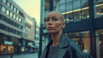 confidente joven escandinavo mujer con calvo cabeza en urbano paisaje urbano, ropa de calle estilo, arquitectónico antecedentes foto