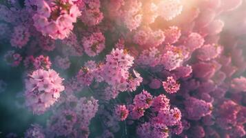 Magenta flowers bloom on a tree, creating a beautiful pattern photo