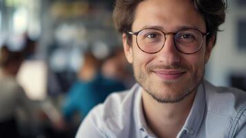 Professional Young Man in Glasses at a Modern Office setting with Blurred Colleagues in the Background photo