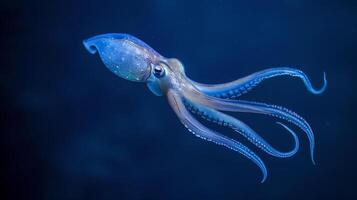 Electric blue squid swims underwater in ocean among zooplankton and cnidaria photo