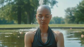 pacífico meditación, joven latina mujer practicando atención plena por tranquilo estanque en al aire libre parque ajuste foto