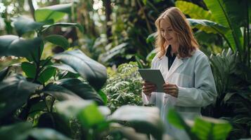 A woman in a lab coat using a tablet in a lush greenhouse photo