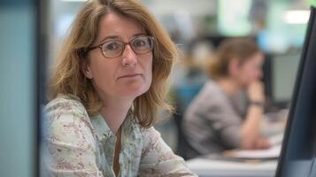 un mujer con lentes es trabajando a un computadora con un sonrisa en su cara foto