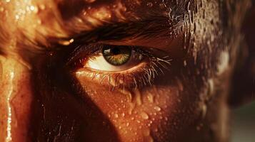 Intense Close-Up of a Professional Athlete's Face with Sweat Dripping Down During Intense Training Session photo