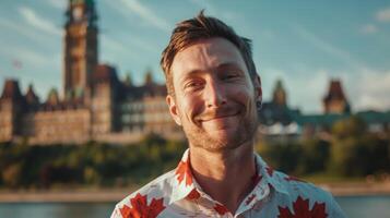 A man in a Canadian shirt smiling in front of a city, showing happiness and joy photo