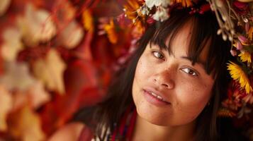 Close up of happy woman with magenta flower crown headpiece photo