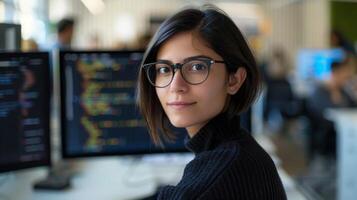 A woman in glasses smiles at a computer monitor in a room photo