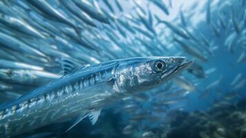 School of fish swims underwater in electric blue fluid photo