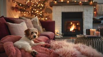 A dog rests on a couch by the fireplace in the living room photo