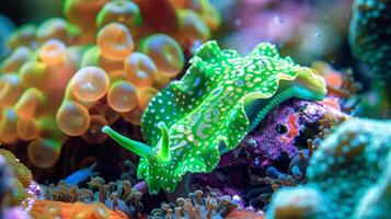 A green sea slug is gliding through a coral reef ecosystem photo